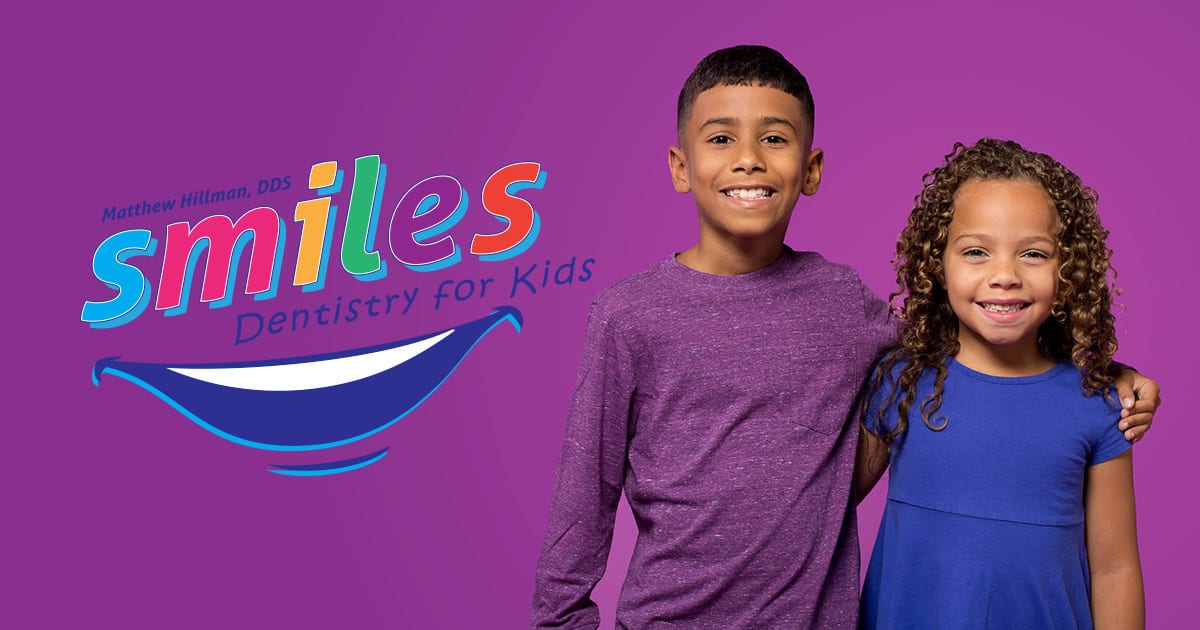 smiles dentistry for kids logo and kids on purple background