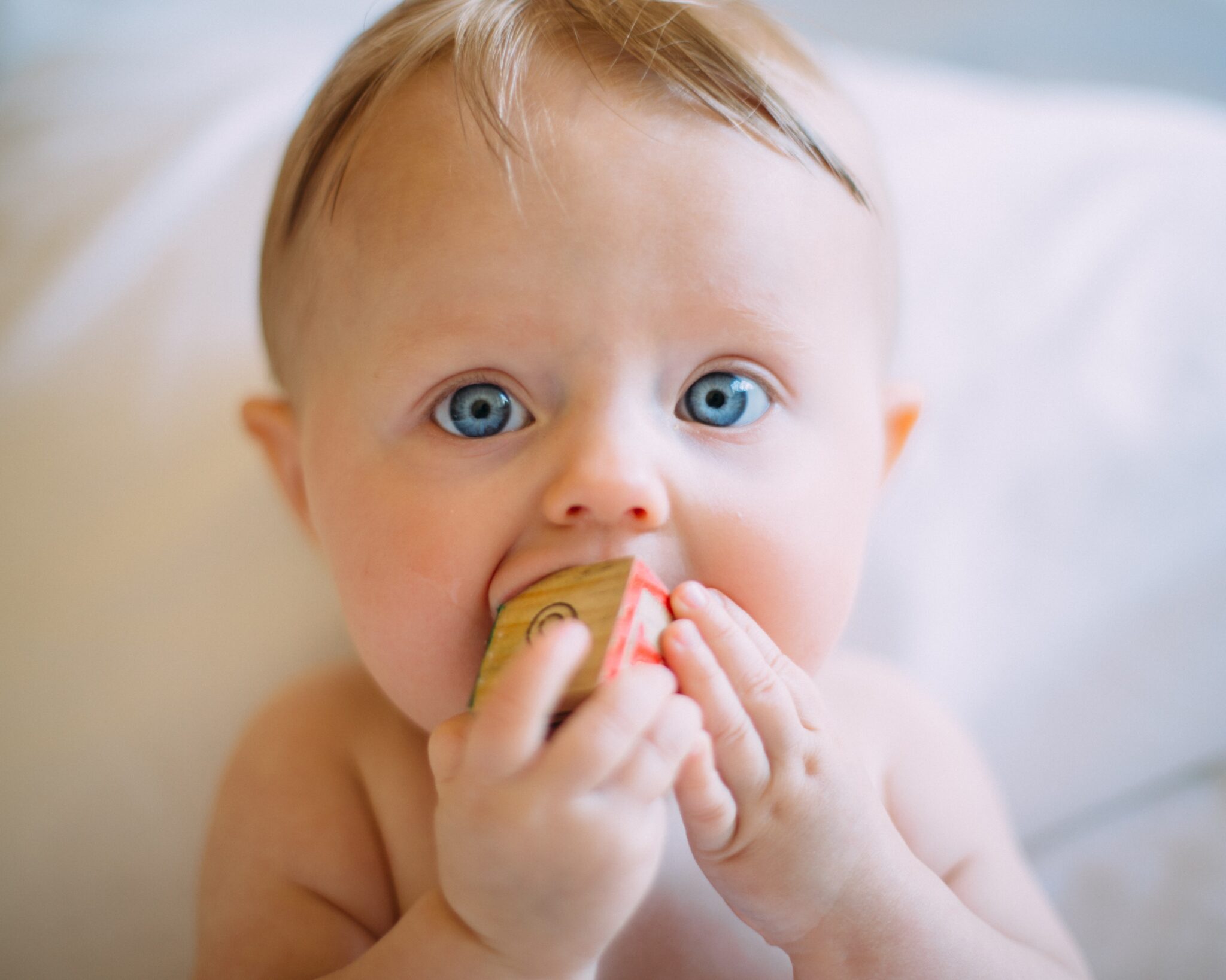 baby chewing on wooden block
